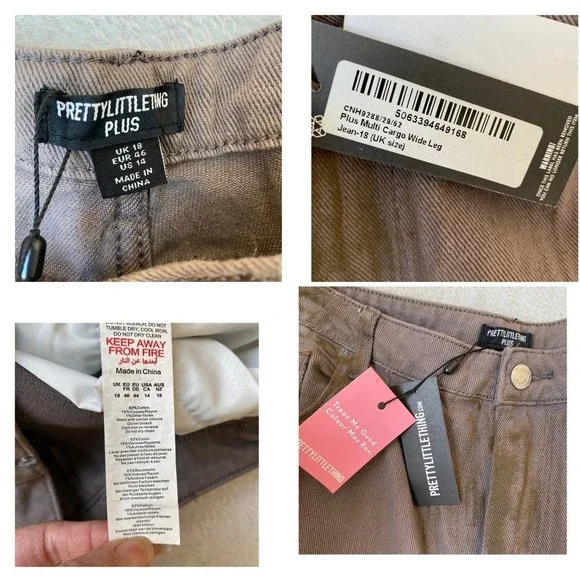 Pretty Little Thing Wide Leg Cargo Jeans Women Size 14 Brown Grunge Baggy NWT - Picture 7 of 8